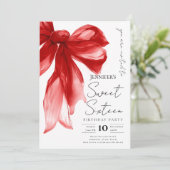 Elegant Red Bow Coquette Script Sweet 16 Party Kaart (Staand voorkant)