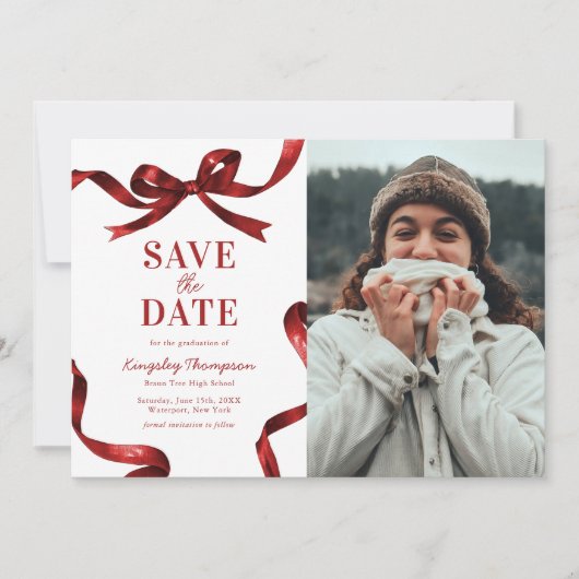 Elegant Red Bow Graduation Save the Date (Devant)