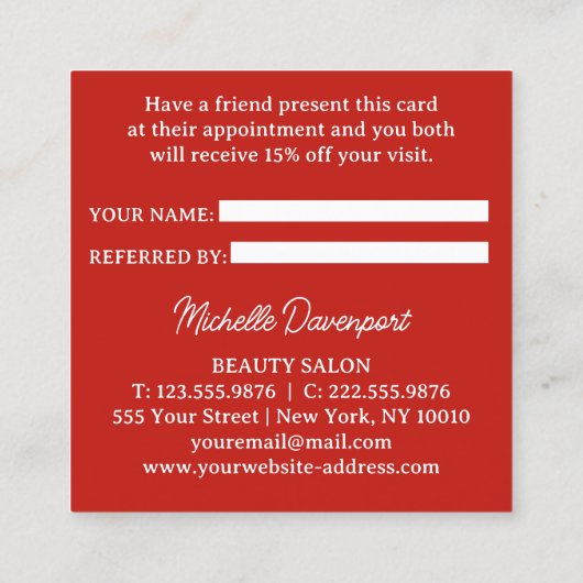 Elegant red bow square elegant referral card (Dos)