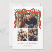 Elegant Red Bow with Greenery 3 Photo Christmas Feestdagenkaart (Voorkant)