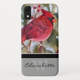 Elegant Red Cardinaal w Black Monogram Naam iPhone XR Hoesje
