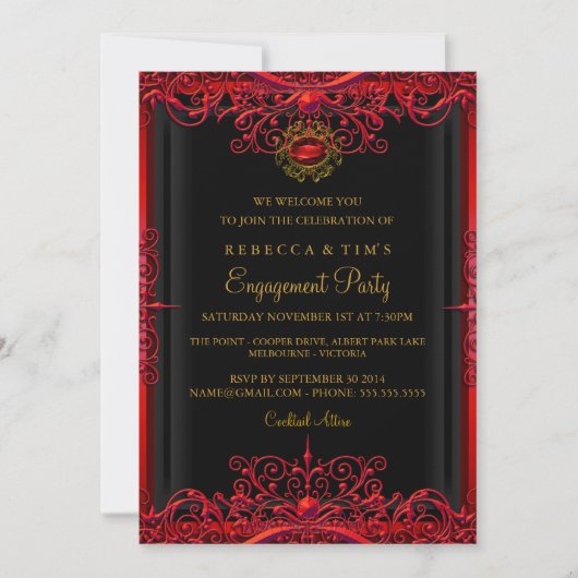 Elégant Red Damask Engagement Party Invitation (Devant)