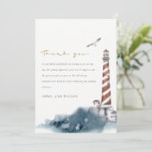 ELEGANT RED DUSKY BLUE LIGHTHOUSE ZEE WAVE WEDING BEDANKKAART (Staand voorkant)