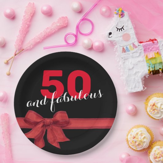 Elegant Red en Black 50th Birthday Party Papieren Bordje (Feest)
