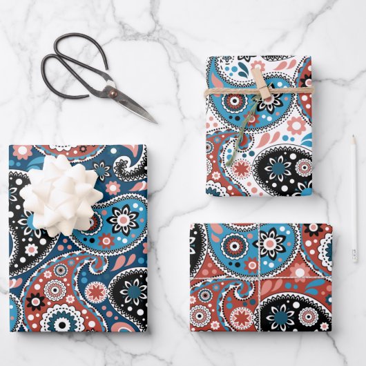 Elegant Red en Blue Kerstmis Paisley Pattern Inpakpapier Vel (Voorkant)