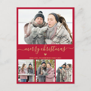 Elegant Red en Gold 4 Photo Collage Kerstmis Briefkaart