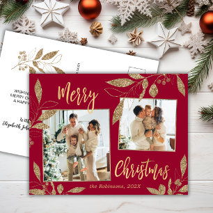 Elegant Red en Gold Botanical 2-fotokerstmis Briefkaart