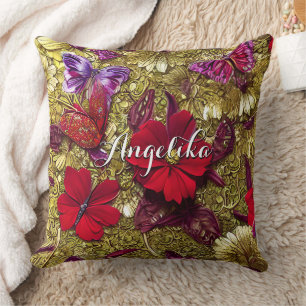 Elegant Red en Gold Flowers - Gepersonaliseerde na Kussen