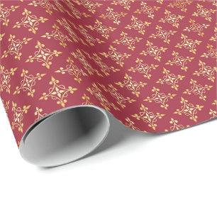 Elegant Red en Gold Quatre Floral Festive Damask Cadeaupapier