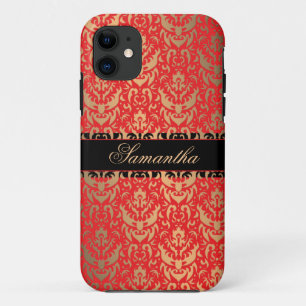 Elegant Red en Gold Shimmer Damask iPhone 11 Hoesje