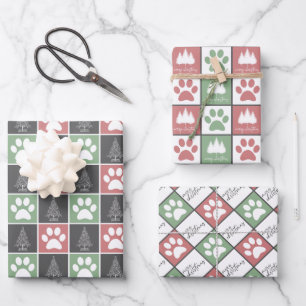 Elegant Red en Green Paw print kerstpatroon  Inpakpapier Vel