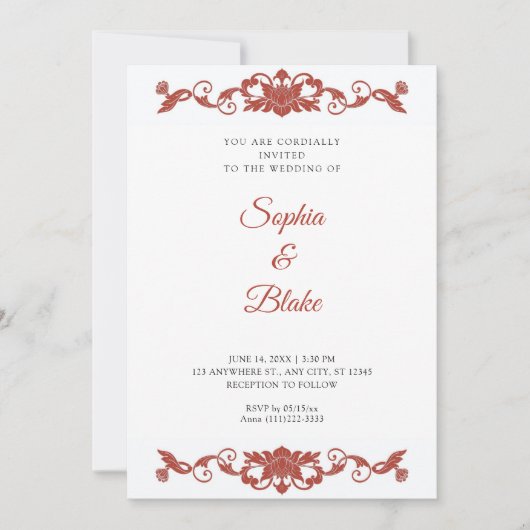Elegant Red en White Floral Art Deco Wedding Kaart (Voorkant)