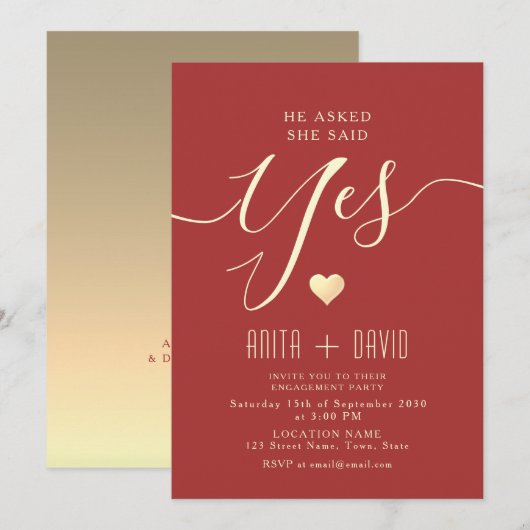 Elegant Red Engagement Party Kaart (Voorkant / Achterkant)