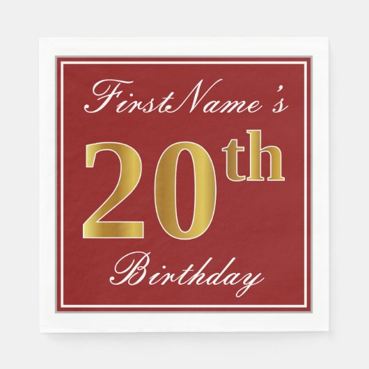 Elegant Red, Faux Gold 20th Birthday + aangepaste Servetten (Voorkant)