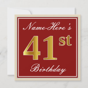 Elegant, Red, Faux Gold 41st Birthday; Aangepaste Kaart