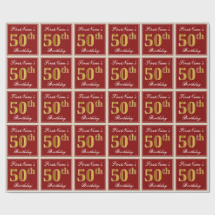 Elegant, Red, Faux Gold 50th Birthday; Aangepaste  Cadeaupapier