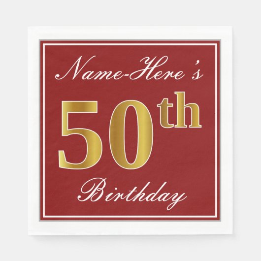 Elegant Red, Faux Gold 50th Birthday + aangepaste  Servetten (Voorkant)