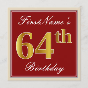 Elegant, Red, Faux Gold 64th Birthday; Aangepaste  Kaart