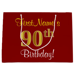 Elegant, Red, Faux Gold 90th Birthday; Aangepaste Groot Cadeauzakje