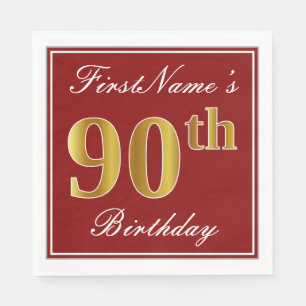 Elegant Red, Faux Gold 90th Birthday + aangepaste Servet