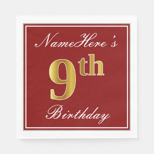 Elegant Red, Faux Gold 9th Birthday + Aangepaste n Servetten (Voorkant)