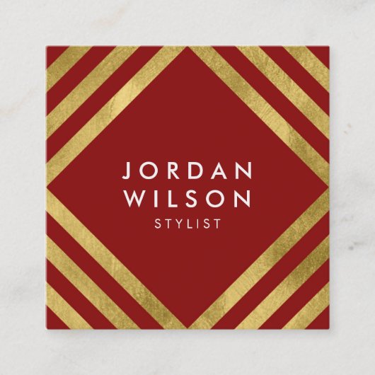 Elegant Red Faux Gold Square Lines Geometric Vierkante Visitekaartje (Voorkant)