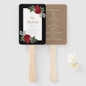 Elegant Red Floral Black & Gold Wedding Program Handwaaier (Voorkant en achterkant)