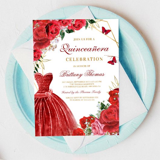 Elegant Red Floral Quinceañera Invitation