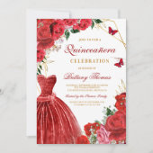 Elegant Red Floral Quinceañera Invitation (Devant)