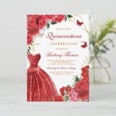 Elegant Red Floral Quinceañera Invitation (Debout devant)