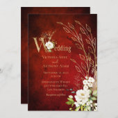 Elegant Red Floral Rustic Script Wedding Kaart (Voorkant / Achterkant)