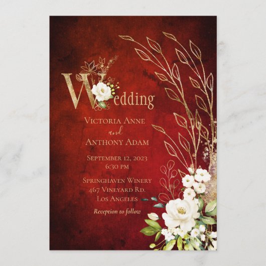 Elegant Red Floral Rustic Script Wedding Kaart (Voorkant)