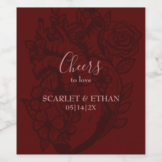 Elegant Red Floral Vampire Heart Gothic Wedding Wijn Etiket (Enkel label)