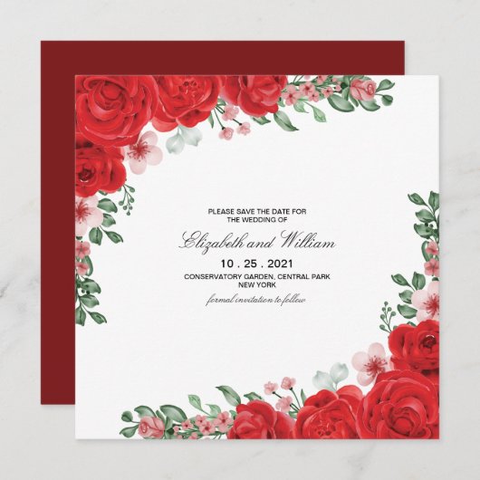 Elegant Red Floral Wedding Save the Date Invitati Kaart (Voorkant / Achterkant)