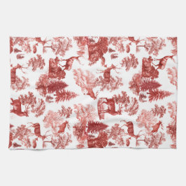 Elegant Red French Toile Deer in Woodland Theedoek