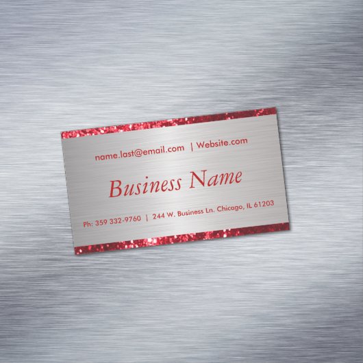 Elegant Red Glitter en Brush Silver Steel Magnetisch Visitekaartje (Voorbeeld)