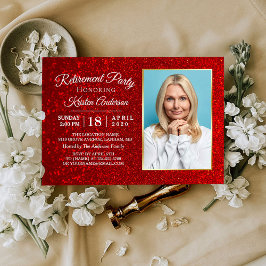 Elegant Red Glitter Foto Retirement Party Kaart