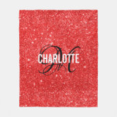 Elegant red glitter monogram name fleece blanket (Voorkant)