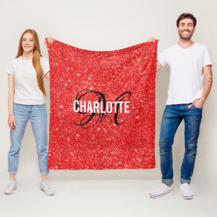 Elegant red glitter monogram name fleece blanket deken