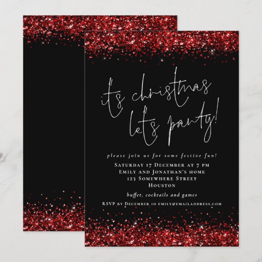 Elegant Red Glitter over de kerstfeestdag Black Kaart (Voorkant / Achterkant)