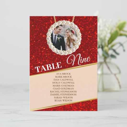 Elegant Red Glitter Photo Seating Chart Kaart (Staand voorkant)