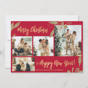Elegant Red Gold 4 Photo Collage kerstkaart