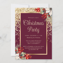 Elegant Red Gold Botanical Christmas Party Kaart