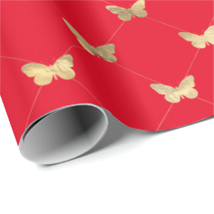 Elegant Red Gold Butterfly Pattern Wrapping Paper Cadeaupapier