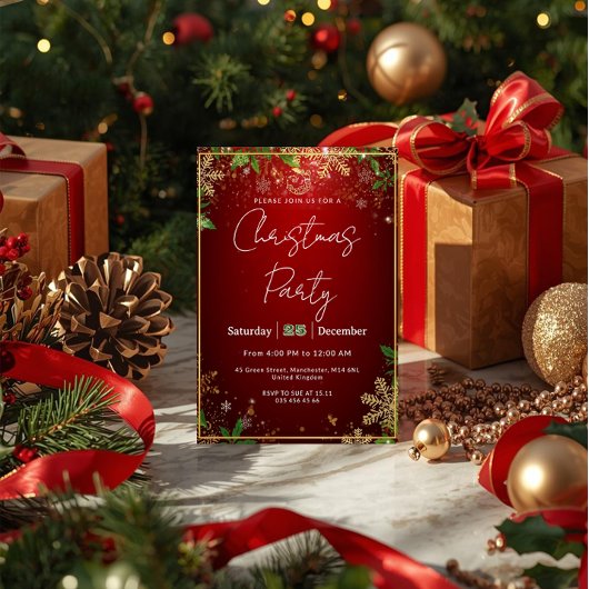 Elegant, Red & Gold, Christmas Party Invitation