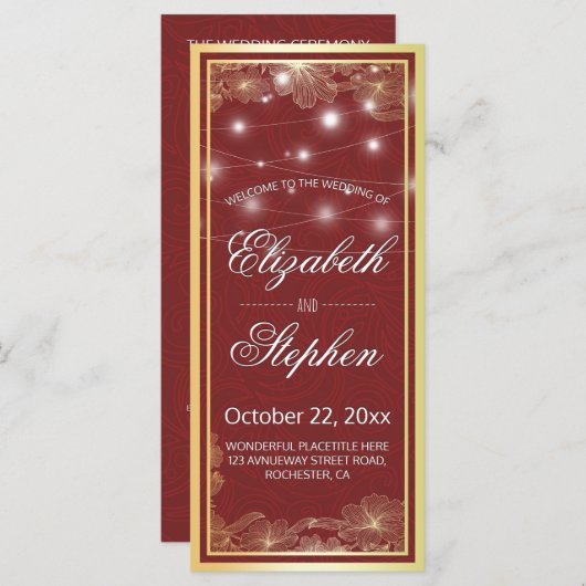 Elegant Red & Gold Floral Lijst Wedding Programme Programma (Voorkant / Achterkant)