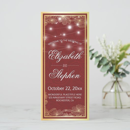 Elegant Red & Gold Floral Lijst Wedding Programme Programma (Staand voorkant)