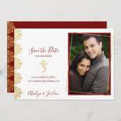 Elegant Red & Gold Ganesha & Mehndi Sparen de Datu Save The Date (Voorkant / Achterkant)