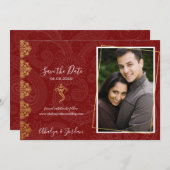 Elegant Red & Gold Ganesha & Mehndi Sparen de Datu Save The Date (Voorkant / Achterkant)