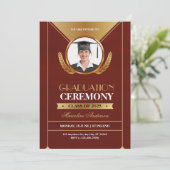 Elegant Red Gold Graduation Ceremony Invite (Staand voorkant)